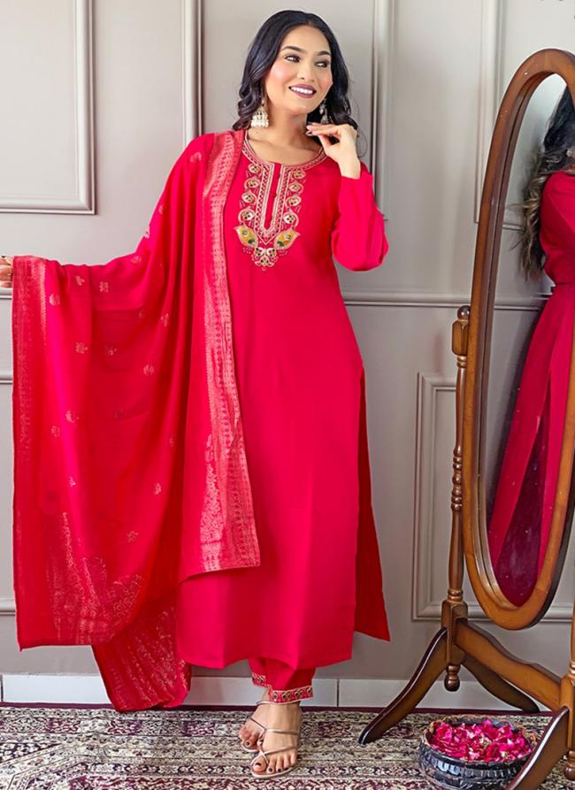 Viscose Chanderi Hot Pink Festival Wear Embroidery Work Readymade Straight Suit